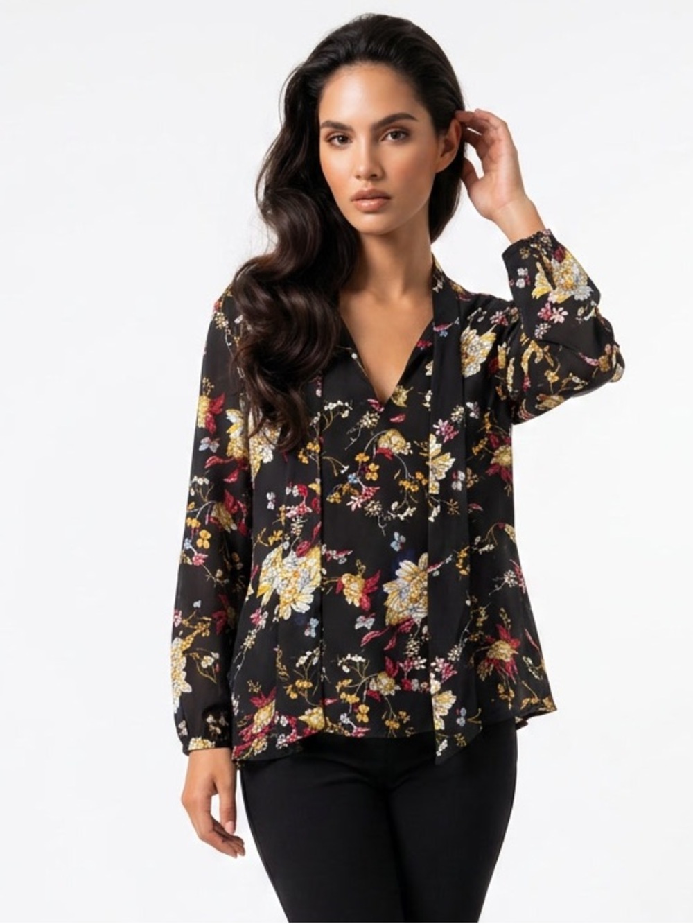 bebe Black Floral Tie-Neck Blouse with Yellow and Red Accents Large